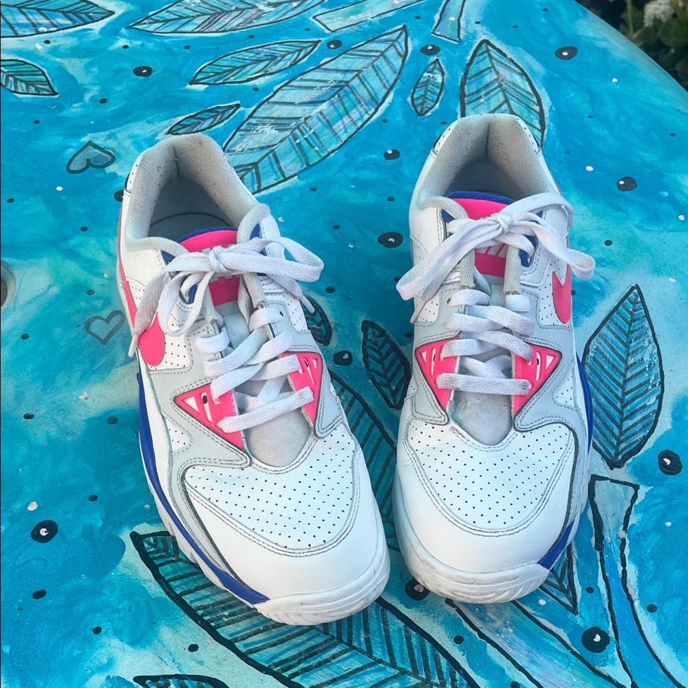 White Leather Sneakers with Pink & Blue Accents